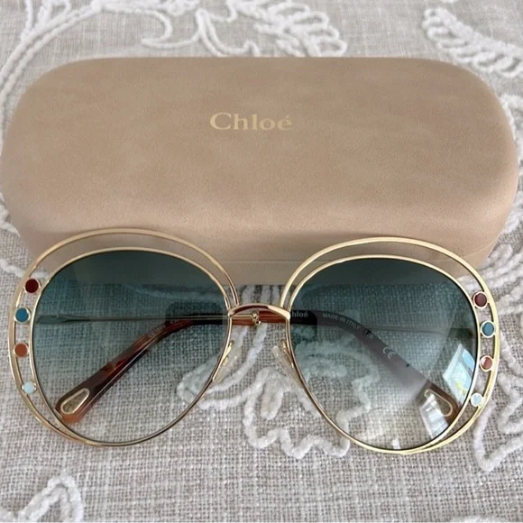 Chloe Gold Frame Sunglasses with Green Lenses - Picture 3 of 10